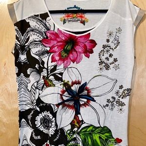 Desigual floral top with satin details on sleeves